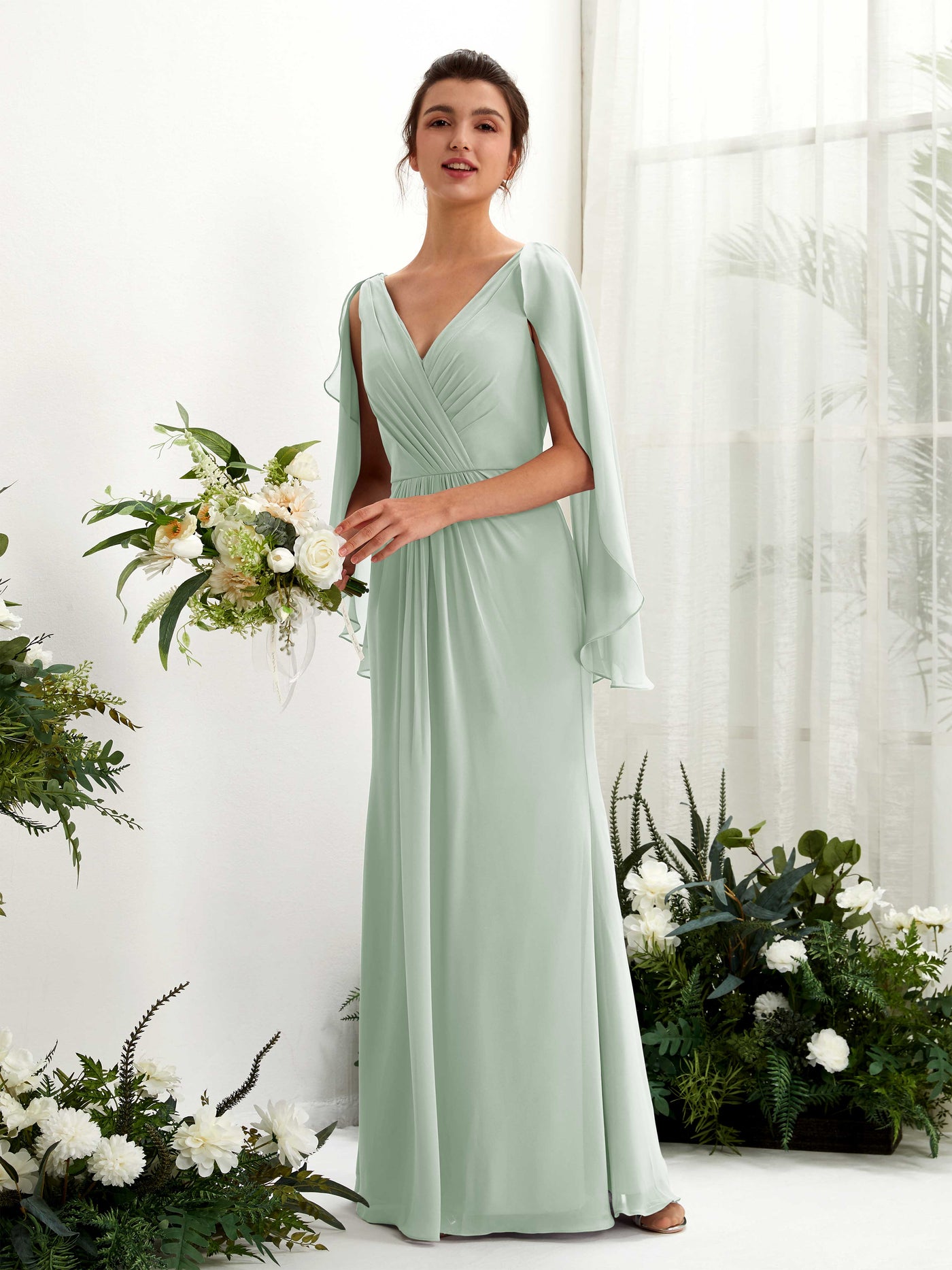 A-line V-neck Chiffon Bridesmaid Dress - Sage Green (80220105)#color_sage-green