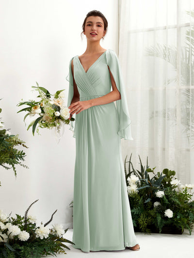 Carlyna Alain A-Line Sage Green Bridesmaid Dress Maxi Cap Sleeve V-Neck Dress Front View #color_sage-green