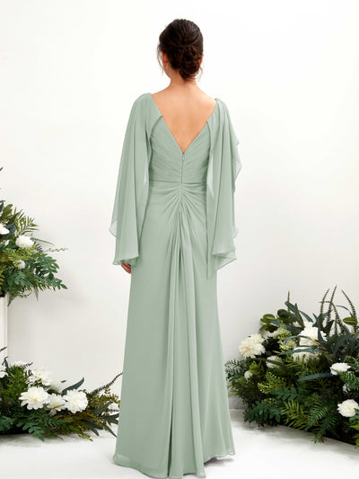 Carlyna Alain A-Line Sage Green Bridesmaid Dress Maxi Cap Sleeve V-Neck Dress Back View #color_sage-green