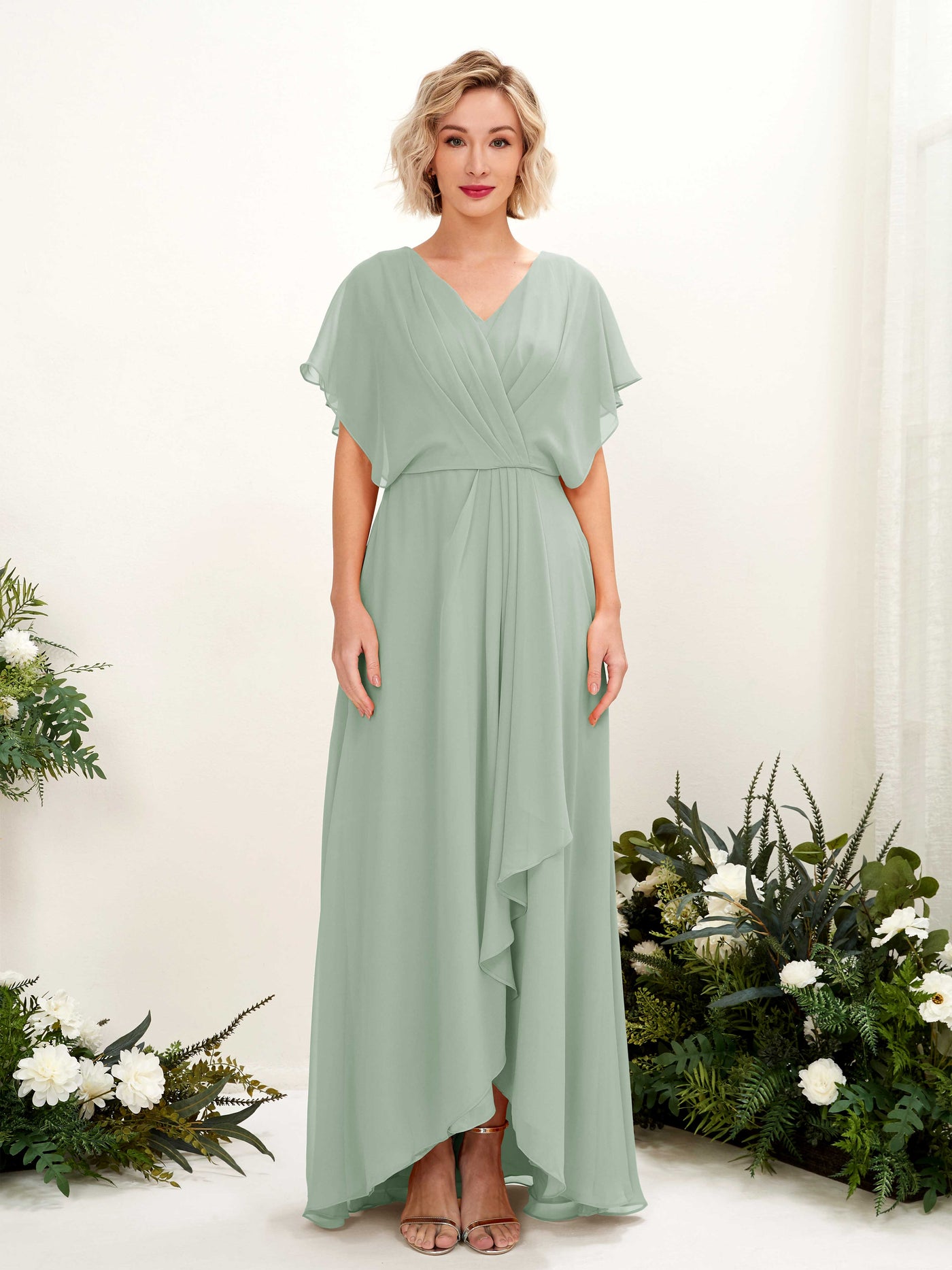 A-line V-neck Short Sleeves Chiffon Bridesmaid Dress - Sage Green (81222105)#color_sage-green