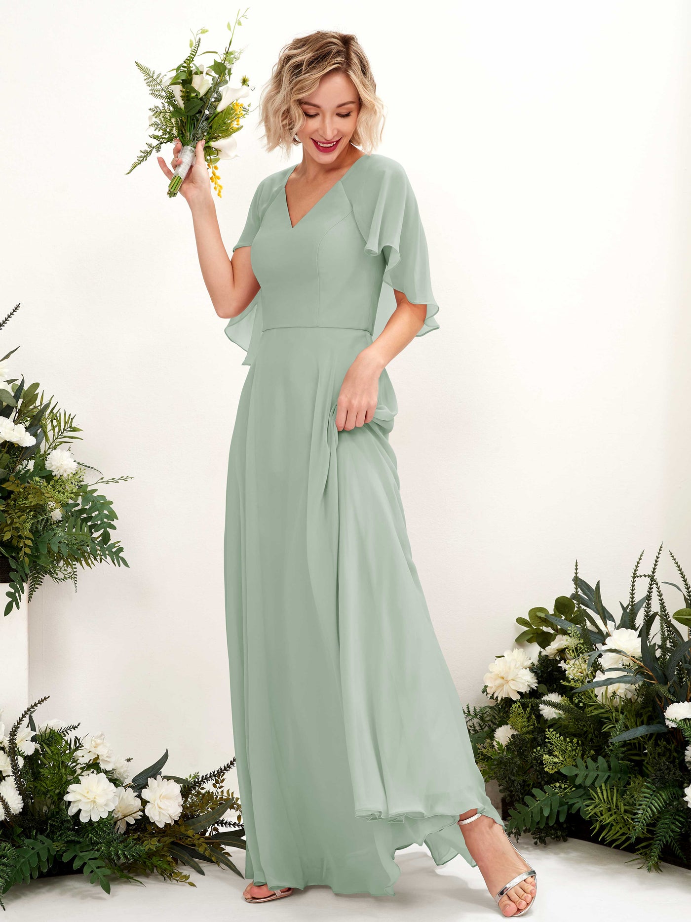 Sage Green Chiffon Bridesmaid Dress A-Line V-Neck Maxi with Ruffles