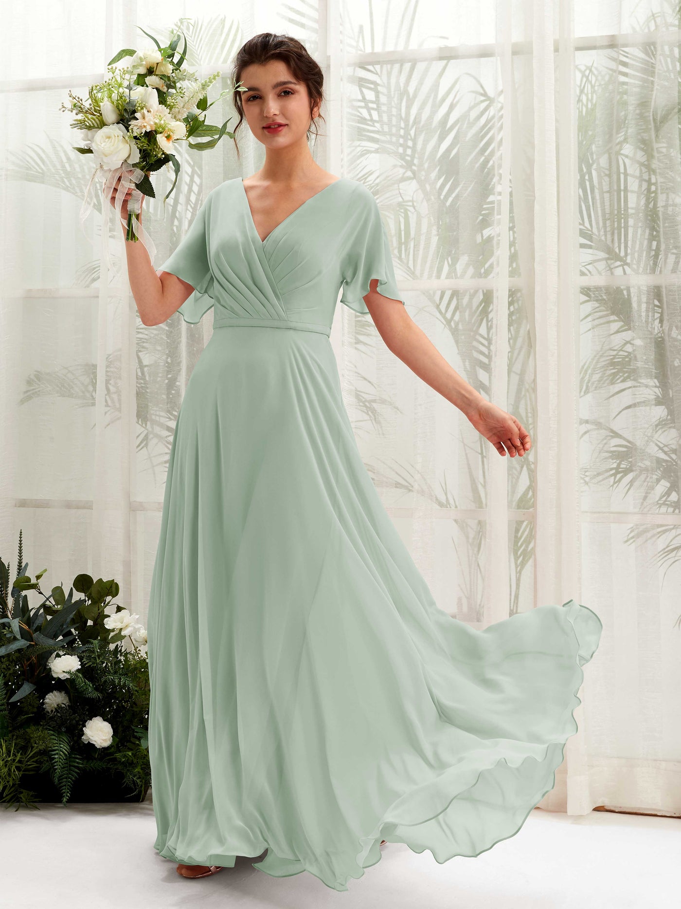 A-line V-neck Short Sleeves Chiffon Bridesmaid Dress - Sage Green (81224605)#color_sage-green