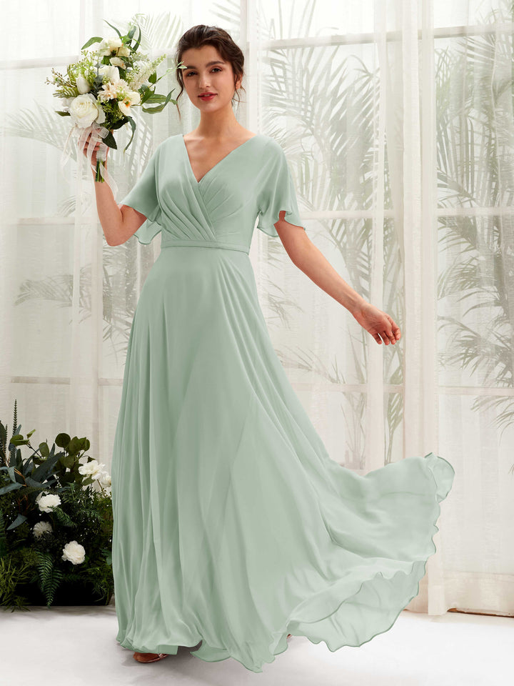 A-line V-neck Short Sleeves Chiffon Bridesmaid Dress - Sage Green (81224605)