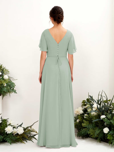Carlyna Daphne A-Line Sage Green Bridesmaid Dress Maxi Short Sleeve V-Neck Dress Back View #color_sage-green