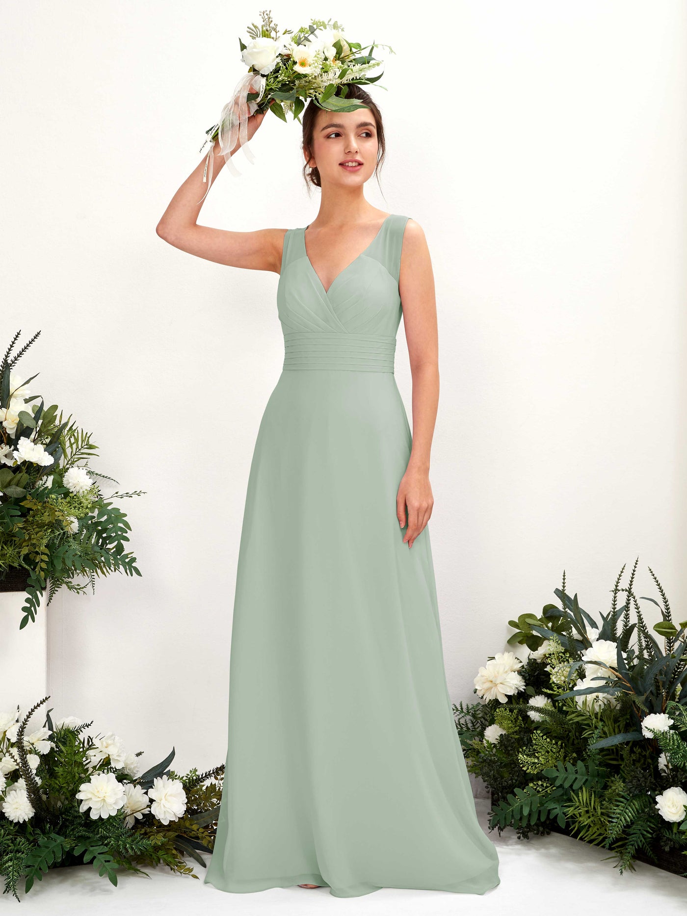 A-line V-neck Sleeveless Chiffon Bridesmaid Dress - Sage Green (81220905)#color_sage-green