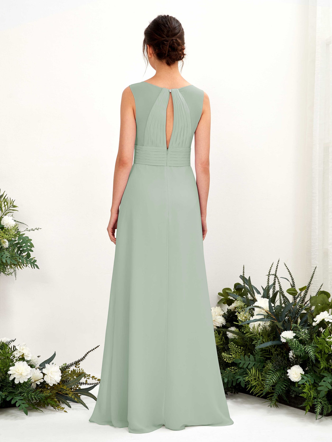 A-line V-neck Sleeveless Chiffon Bridesmaid Dress - Sage Green (81220905)#color_sage-green