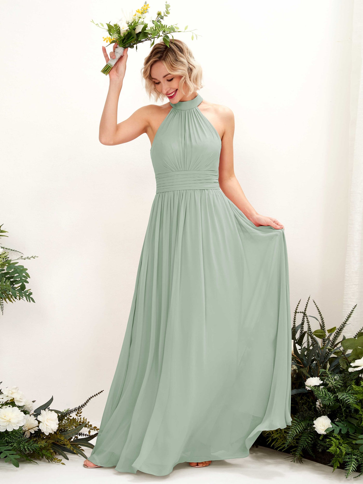 Ball Gown Halter Sleeveless Chiffon Bridesmaid Dress - Sage Green (81225305)#color_sage-green