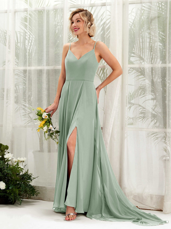 Ball Gown V-neck Sleeveless Bridesmaid Dress - Sage Green (81224105)