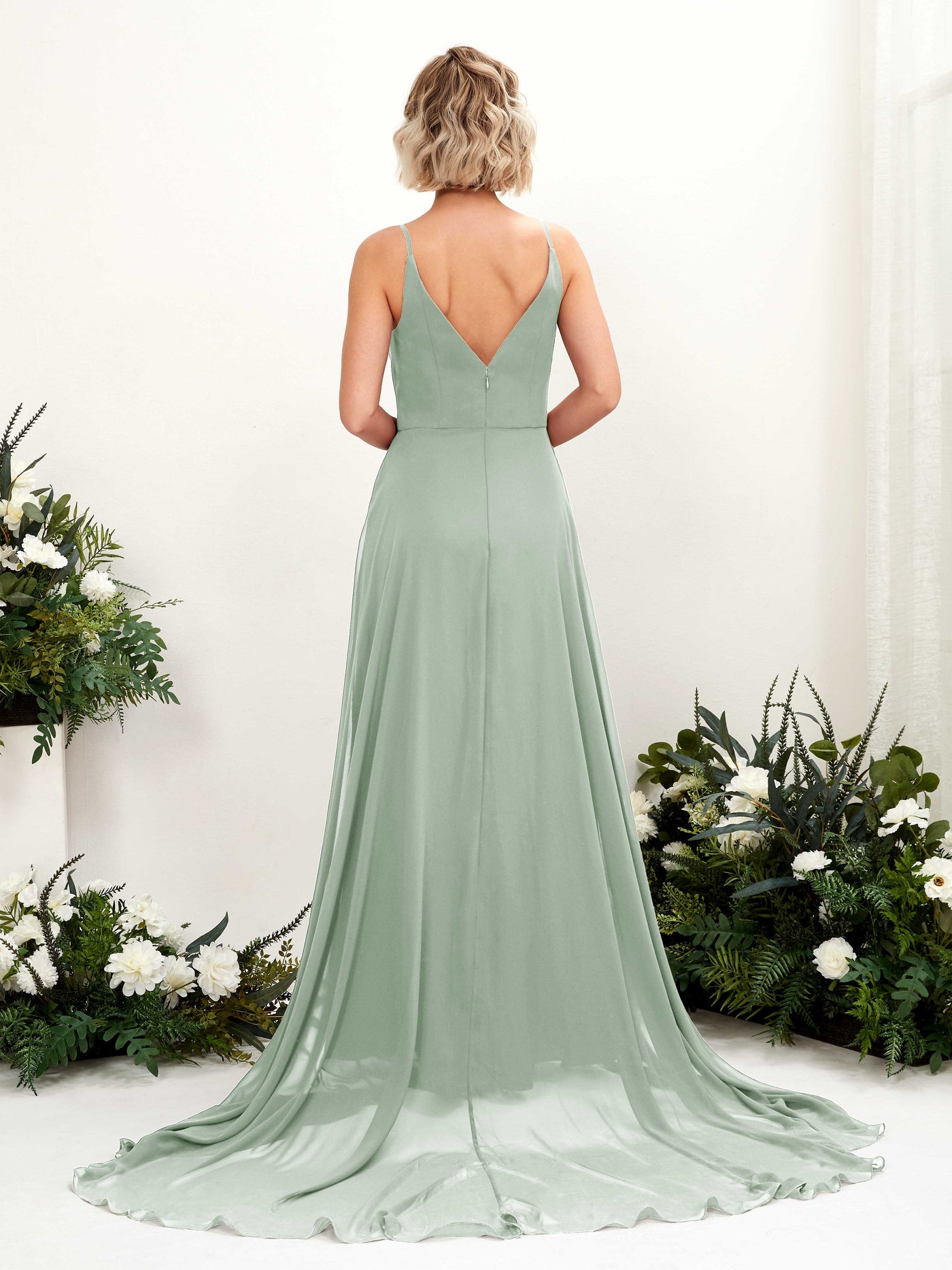 Ball Gown V-neck Sleeveless Bridesmaid Dress - Sage Green (81224105)#color_sage-green