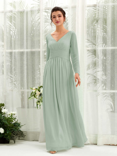 Carlyna Coline A-Line Sage Green Bridesmaid Dress Maxi Long Sleeve V-Neck Front View #color_sage-green