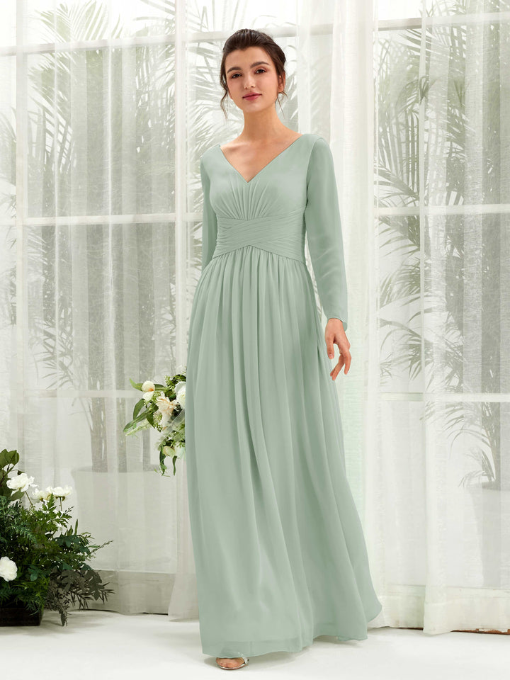 Ball Gown V-neck Long Sleeves Chiffon Bridesmaid Dress - Sage Green (81220305)