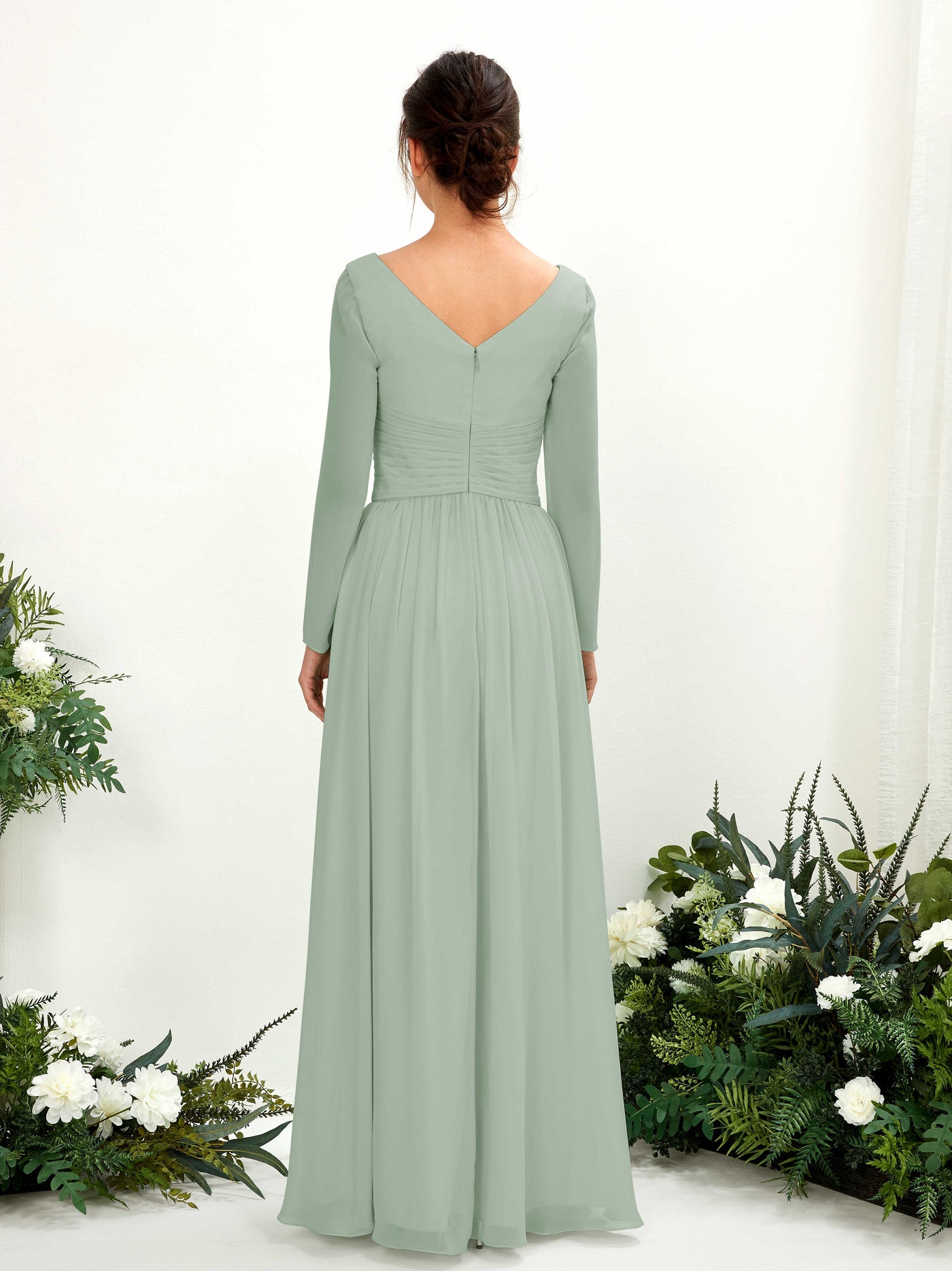 Ball Gown V-neck Long Sleeves Chiffon Bridesmaid Dress - Sage Green (81220305)#color_sage-green