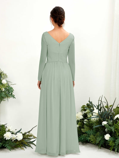 Carlyna Coline A-Line Sage Green Bridesmaid Dress Maxi Long Sleeve V-Neck Back View #color_sage-green