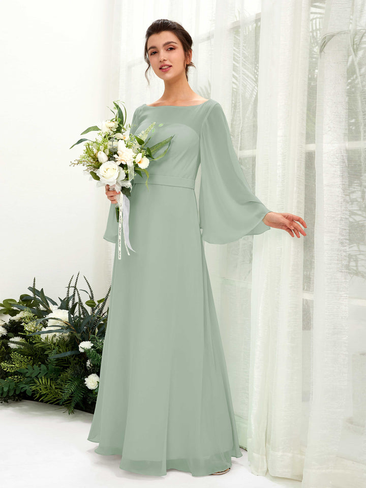 Bateau Illusion Long Sleeves Chiffon Bridesmaid Dress - Sage Green (81220505)