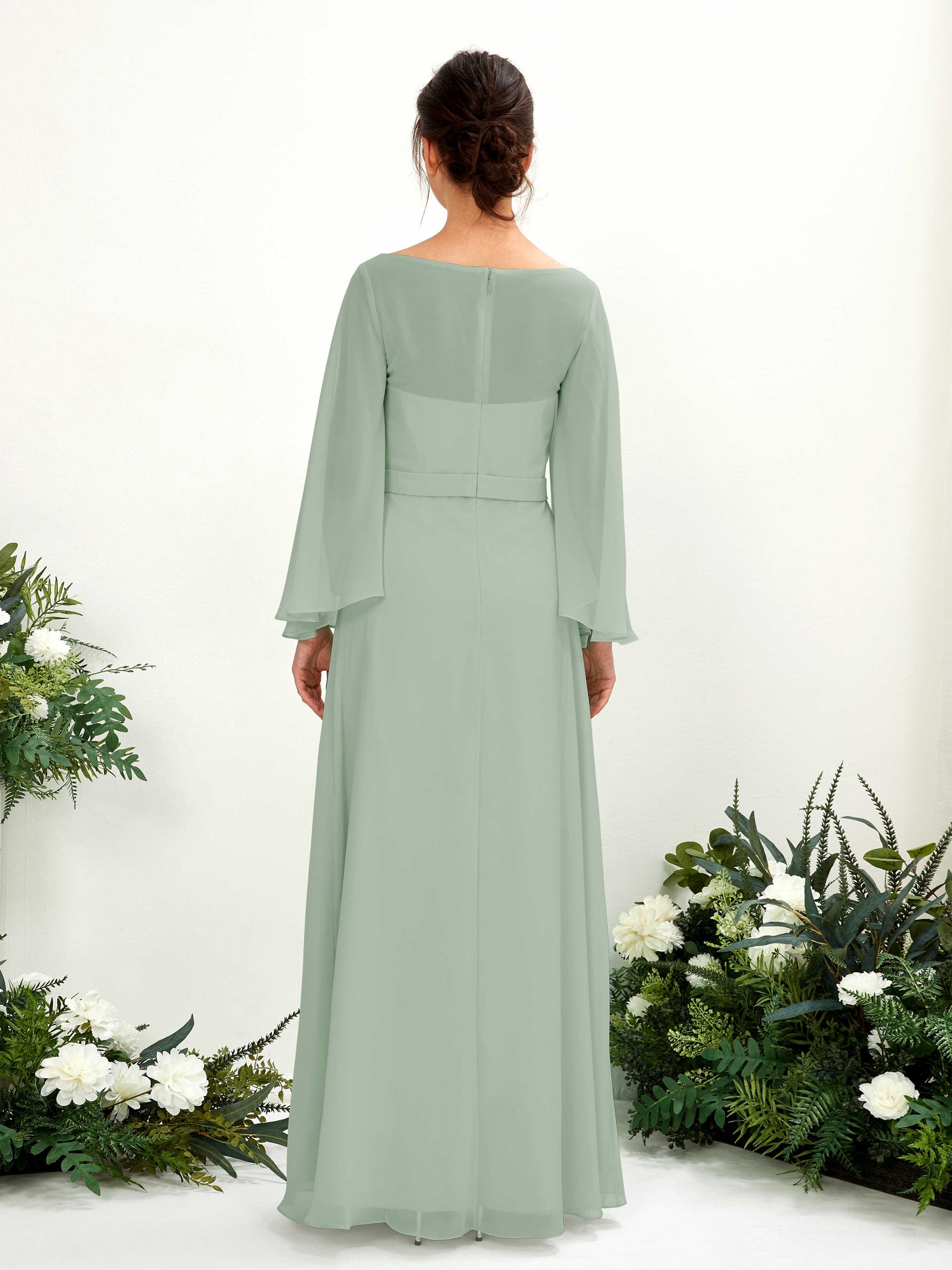 Bateau Illusion Long Sleeves Chiffon Bridesmaid Dress - Sage Green (81220505)#color_sage-green