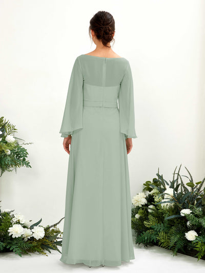 Carlyna Elie A-Line Sage Green Bridesmaid Dress Maxi Long Sleeve Boat Neck Back View #color_sage-green