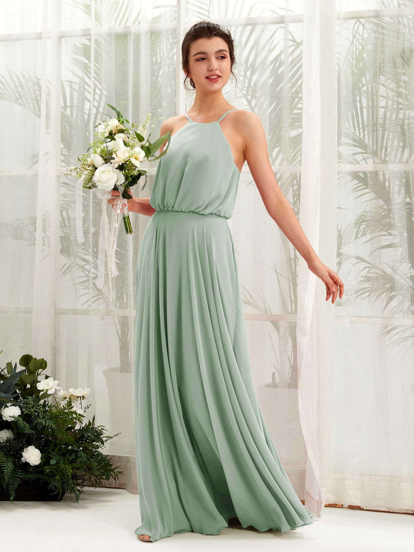 Bohemian Halter Spaghetti-straps Bridesmaid Dress - Sage Green (81223405)#color_sage-green