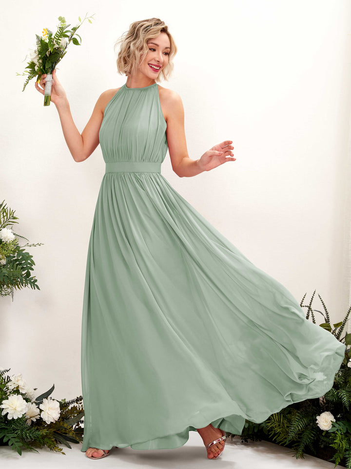 Halter Sleeveless Chiffon Bridesmaid Dress - Sage Green (81223105)