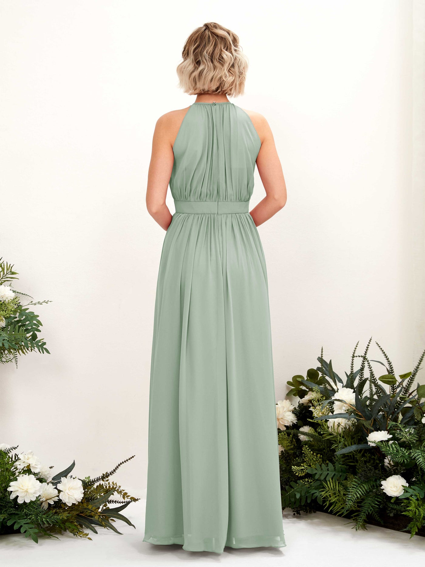 Halter Sleeveless Chiffon Bridesmaid Dress - Sage Green (81223105)#color_sage-green
