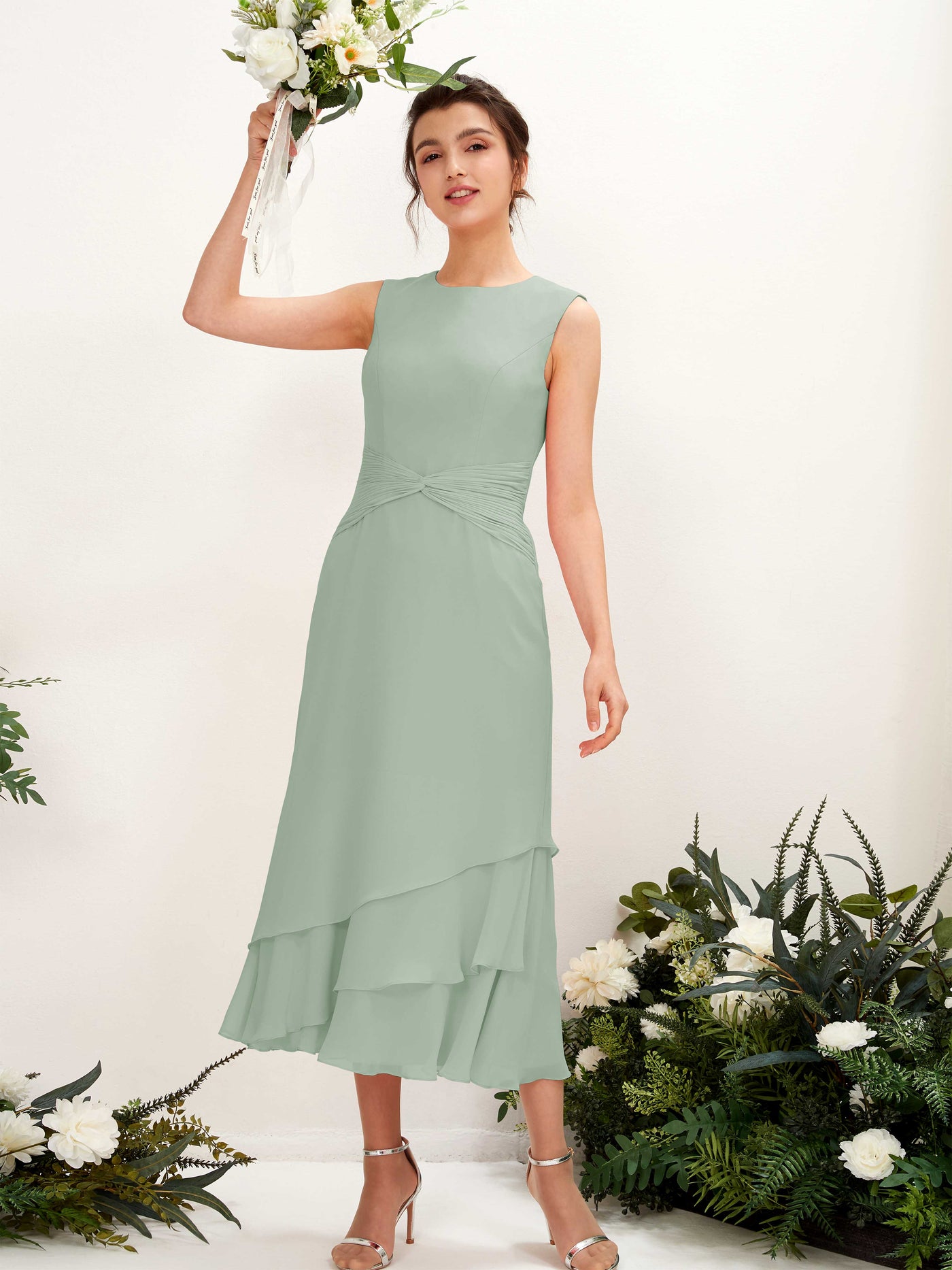 Mermaid/Trumpet Round Sleeveless Chiffon Bridesmaid Dress - Sage Green (81221905)#color_sage-green