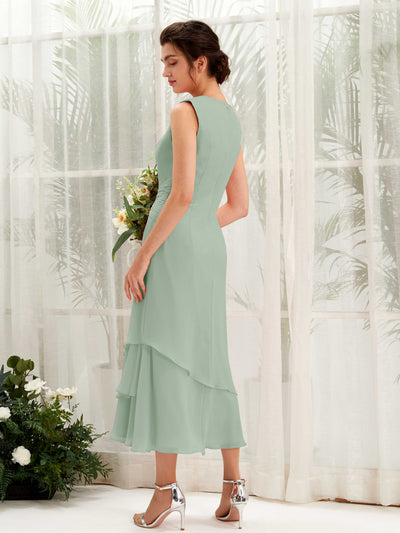Carlyna Raina Mermaid Sage Green Bridesmaid Dress Midi Sleeveless Round Neck Dress #color_sage-green