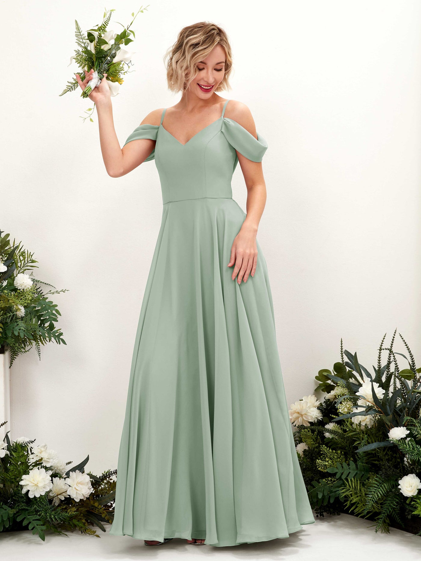 Off Shoulder Straps V-neck Sleeveless Chiffon Bridesmaid Dress - Sage Green (81224905)#color_sage-green