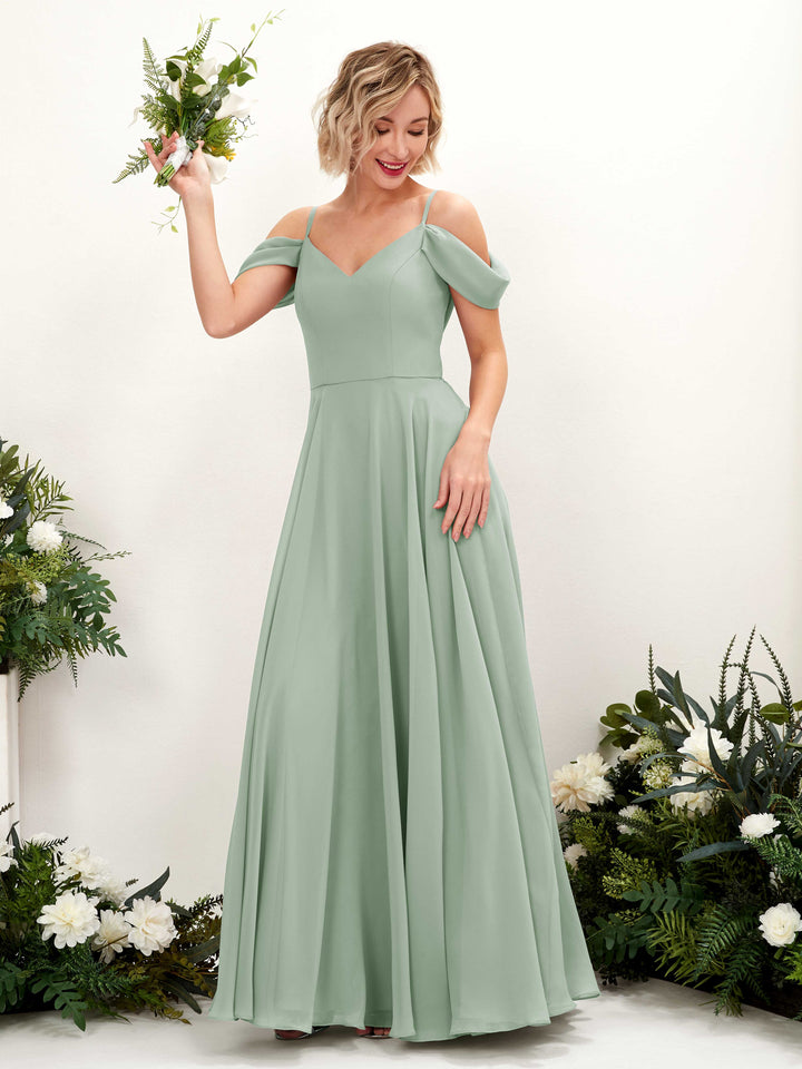 Off Shoulder Straps V-neck Sleeveless Chiffon Bridesmaid Dress - Sage Green (81224905)