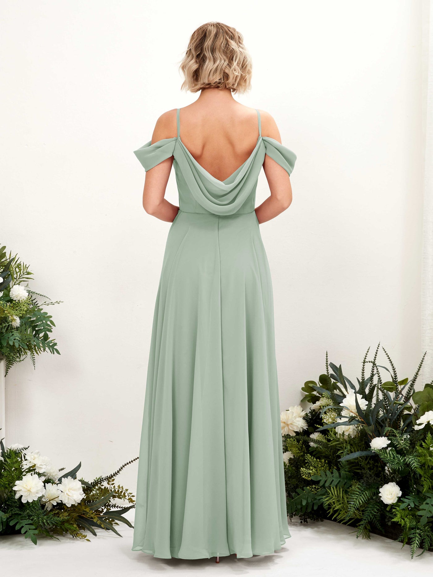 Off Shoulder Straps V-neck Sleeveless Chiffon Bridesmaid Dress - Sage Green (81224905)#color_sage-green