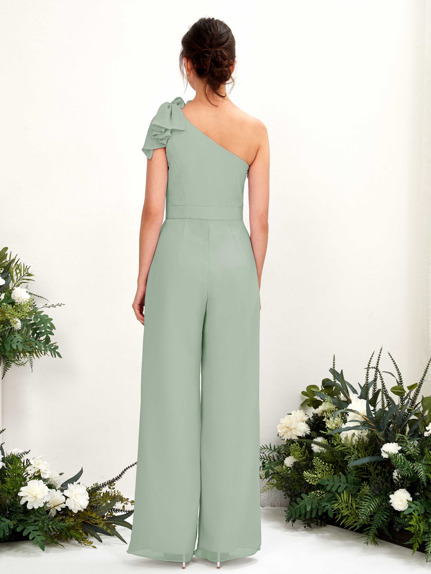 One Shoulder Sleeveless Chiffon Bridesmaid Wide-Leg Jumpsuit - Sage Green (81220805)#color_sage-green