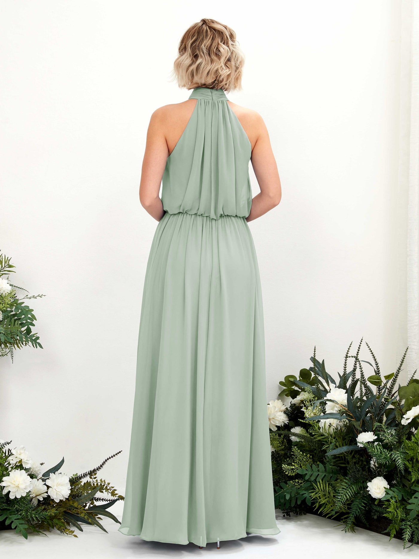 Halter Sleeveless Chiffon Bridesmaid Dress - Sage Green (81222905)#color_sage-green