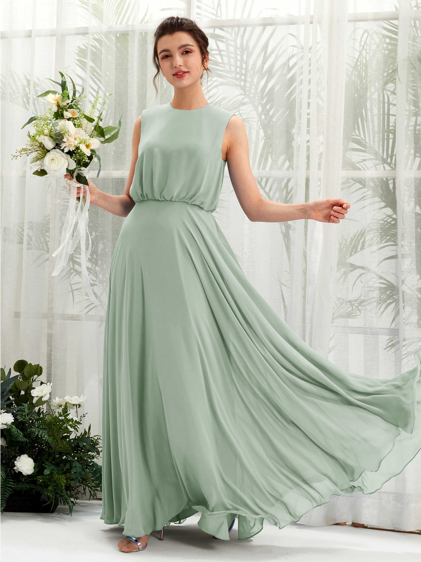 Round Sleeveless Chiffon Bridesmaid Dress - Sage Green (81222805)#color_sage-green