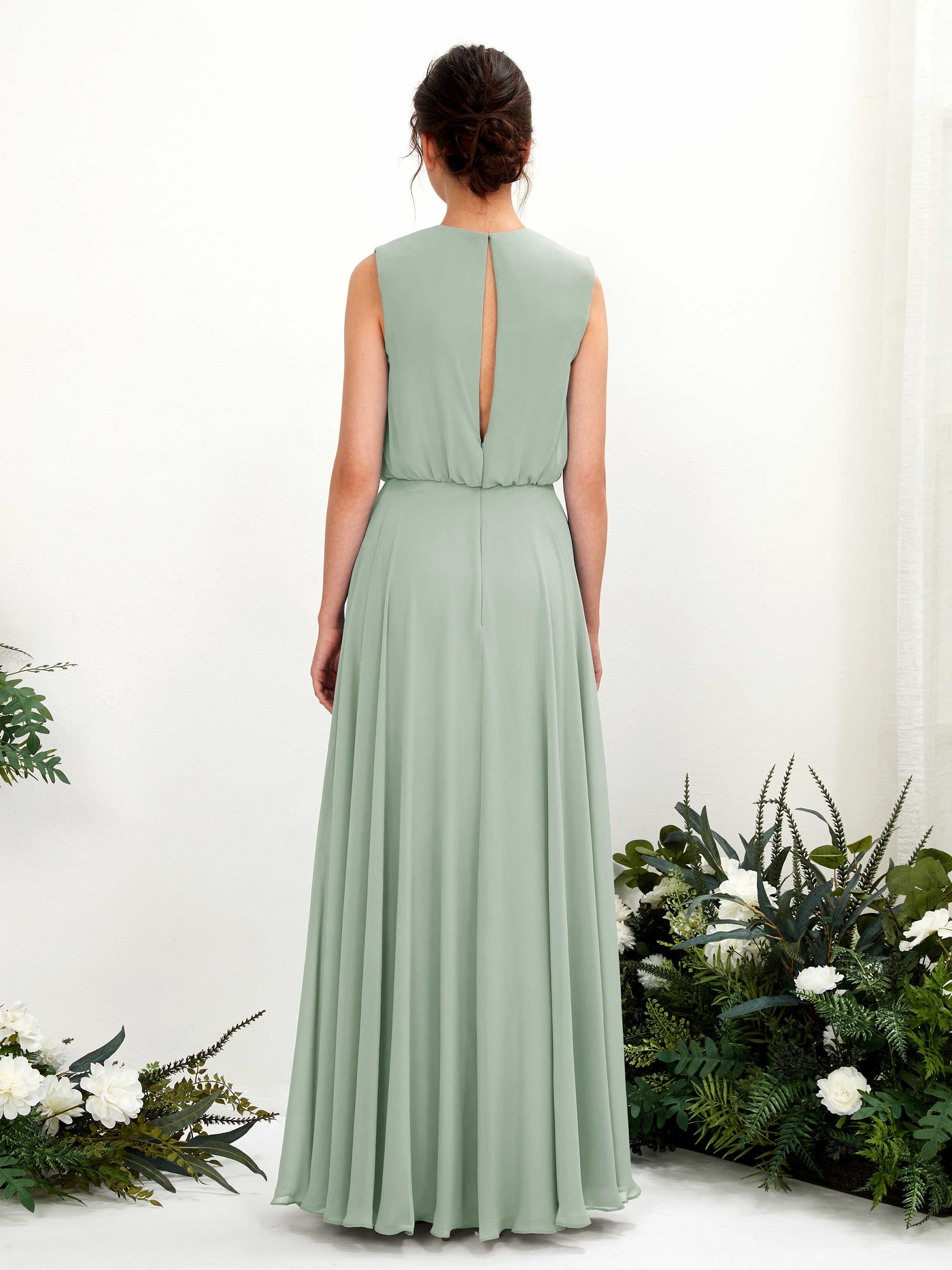 Round Sleeveless Chiffon Bridesmaid Dress - Sage Green (81222805)#color_sage-green