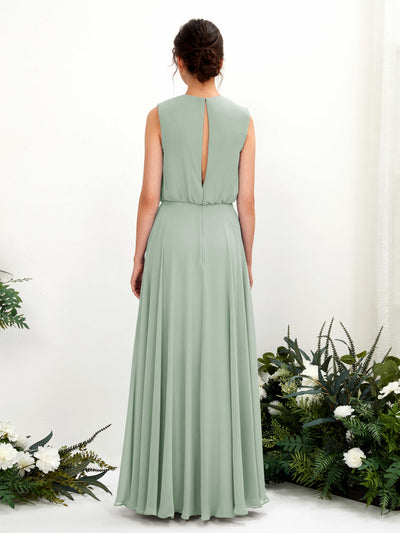 Carlyna Alma A-Line Sage Green Bridesmaid Dress Maxi Sleeveless Round Neck Dress Back View #color_sage-green