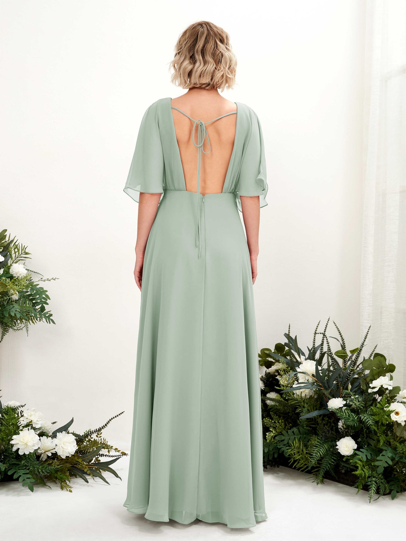 V-neck 1/2 Sleeves Chiffon Bridesmaid Dress - Sage Green (81225105)#color_sage-green