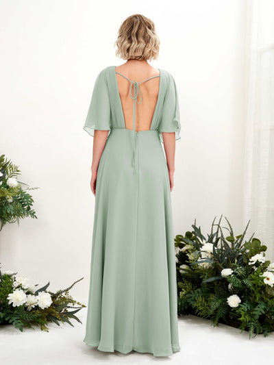 Carlyna Dhea A-Line Sage Green Bridesmaid Dress Maxi Short Sleeve V-Neck Dress Back View #color_sage-green