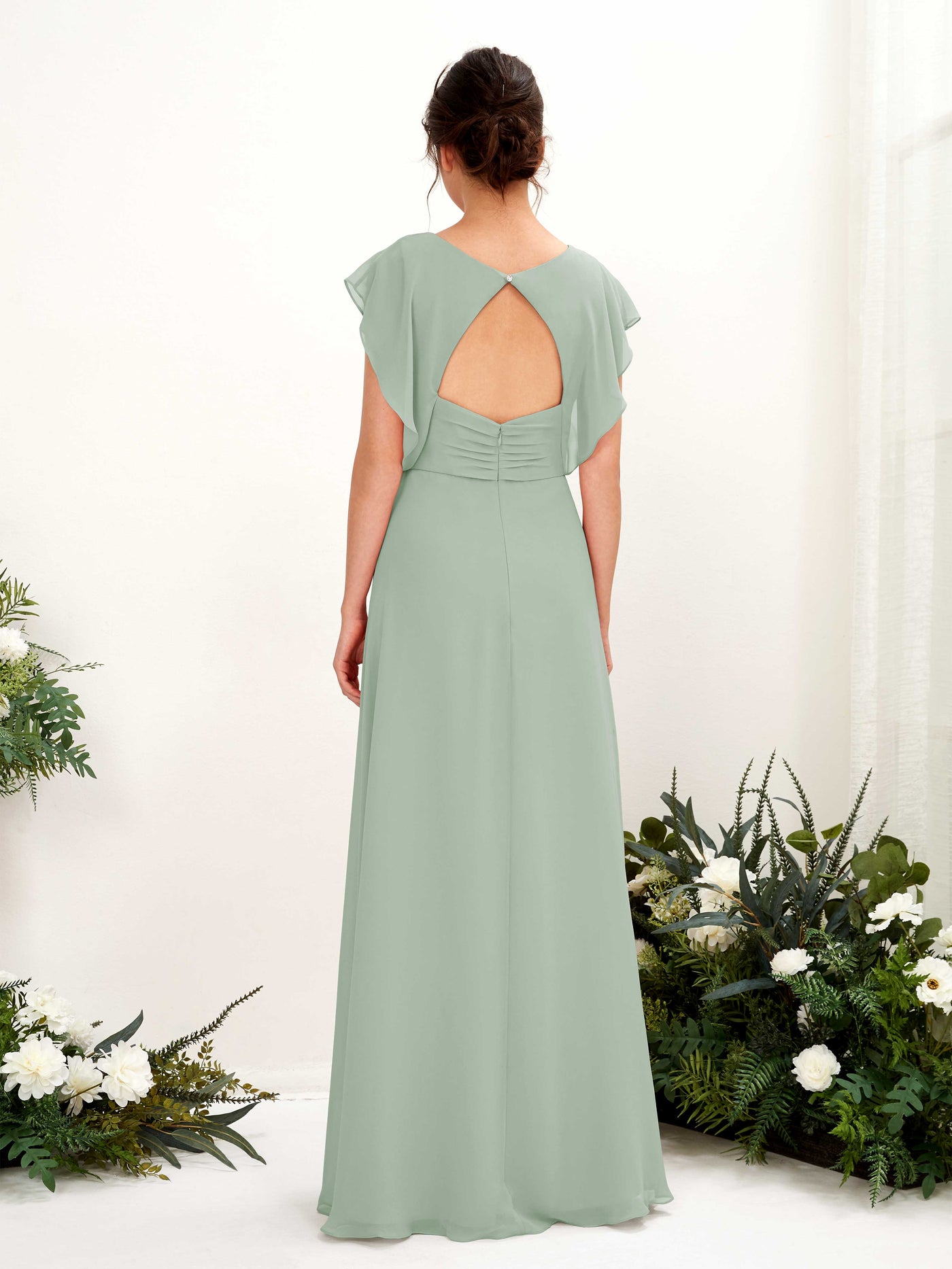 V-neck Cap Sleeves Bridesmaid Dress - Sage Green (81225605)#color_sage-green