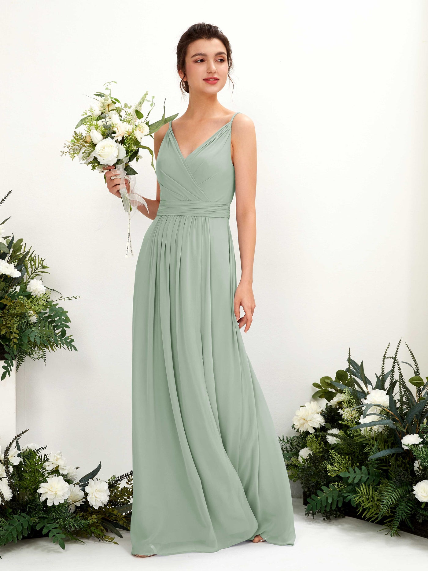 Spaghetti-straps V-neck Sleeveless Bridesmaid Dress - Sage Green (81223905)#color_sage-green