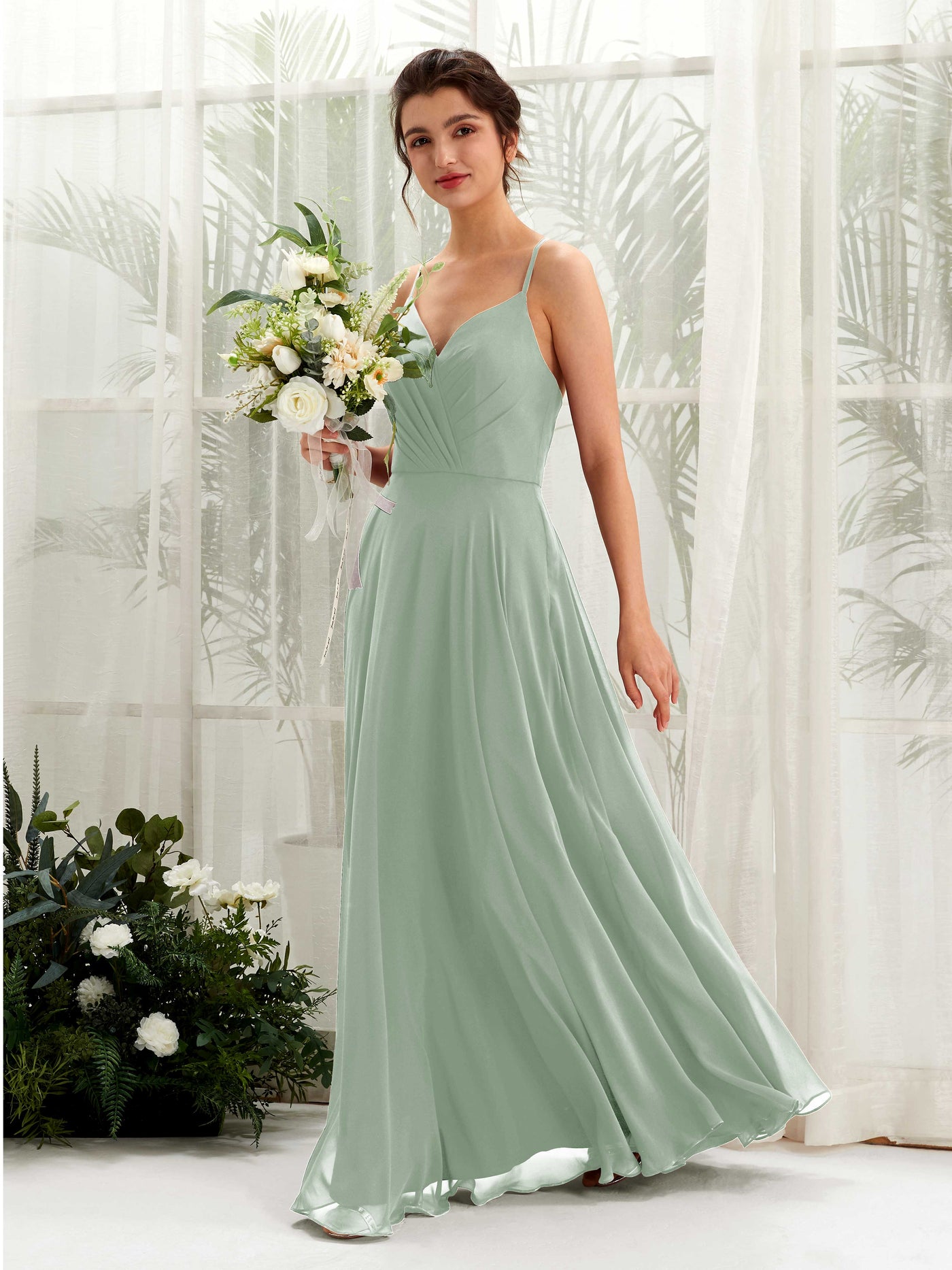 Spaghetti-straps V-neck Sleeveless Bridesmaid Dress - Sage Green (81224205)#color_sage-green