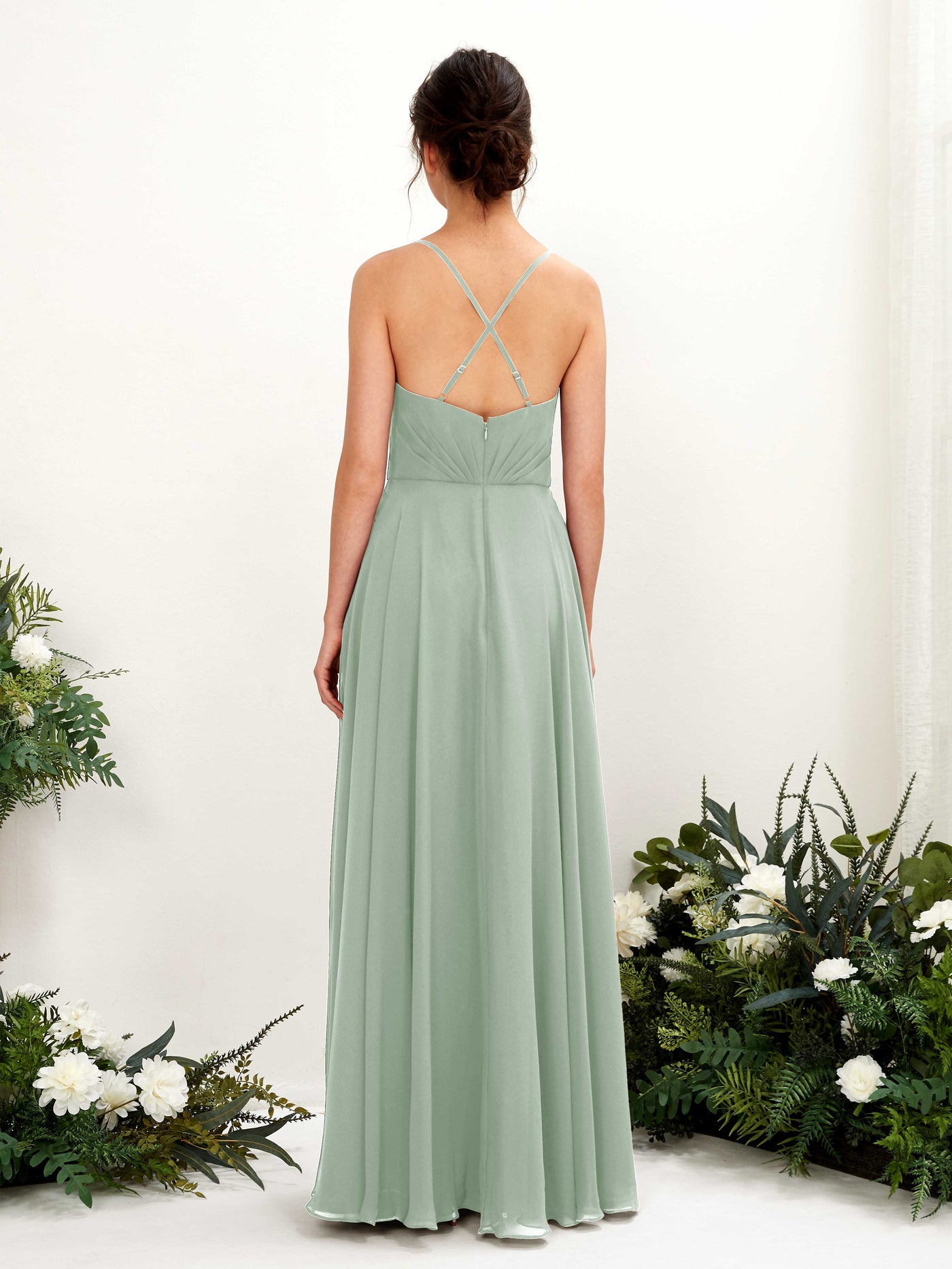 Spaghetti-straps V-neck Sleeveless Bridesmaid Dress - Sage Green (81224205)#color_sage-green