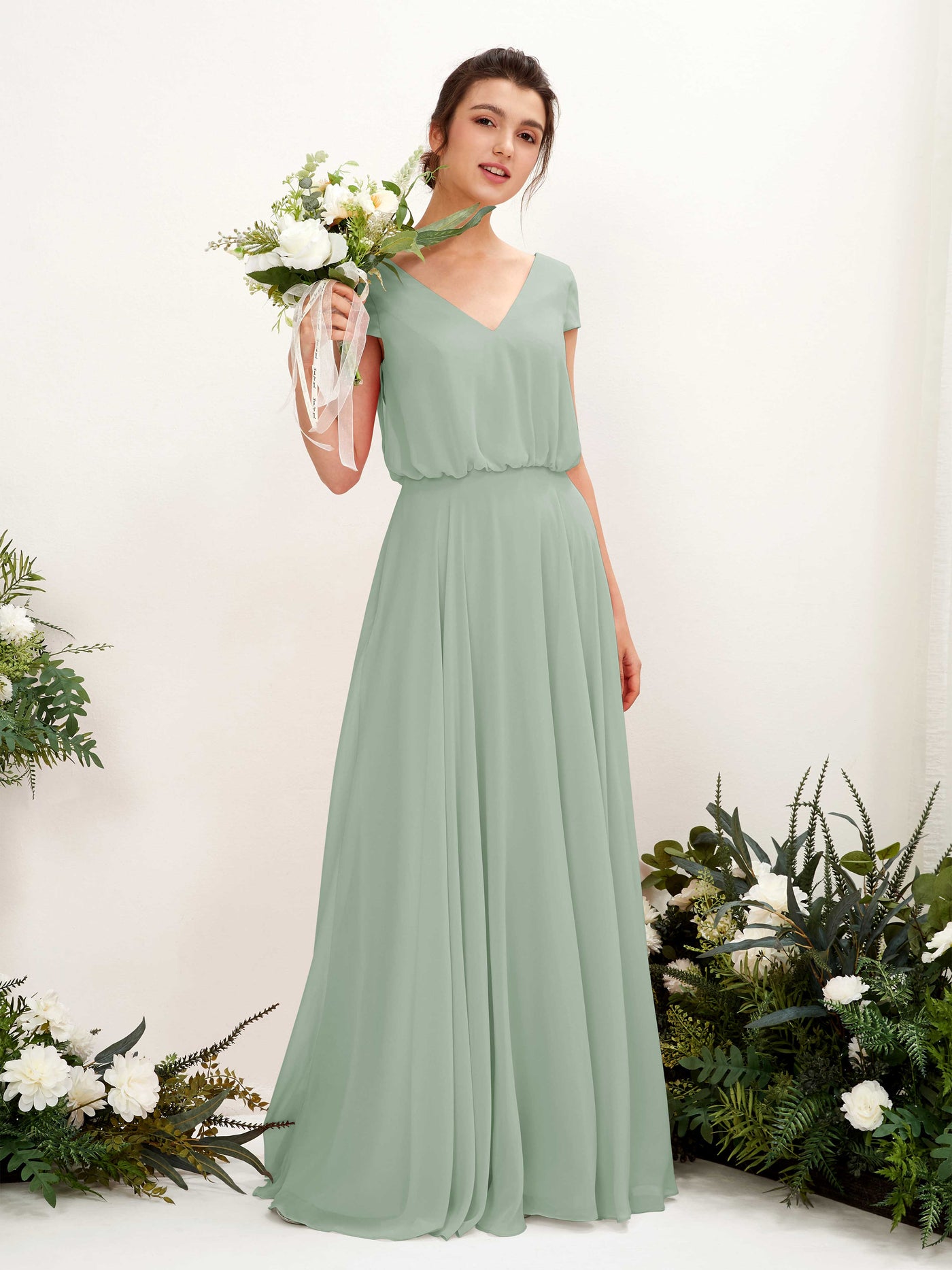 V-neck Cap Sleeves Chiffon Bridesmaid Dress - Sage Green (81221805)#color_sage-green