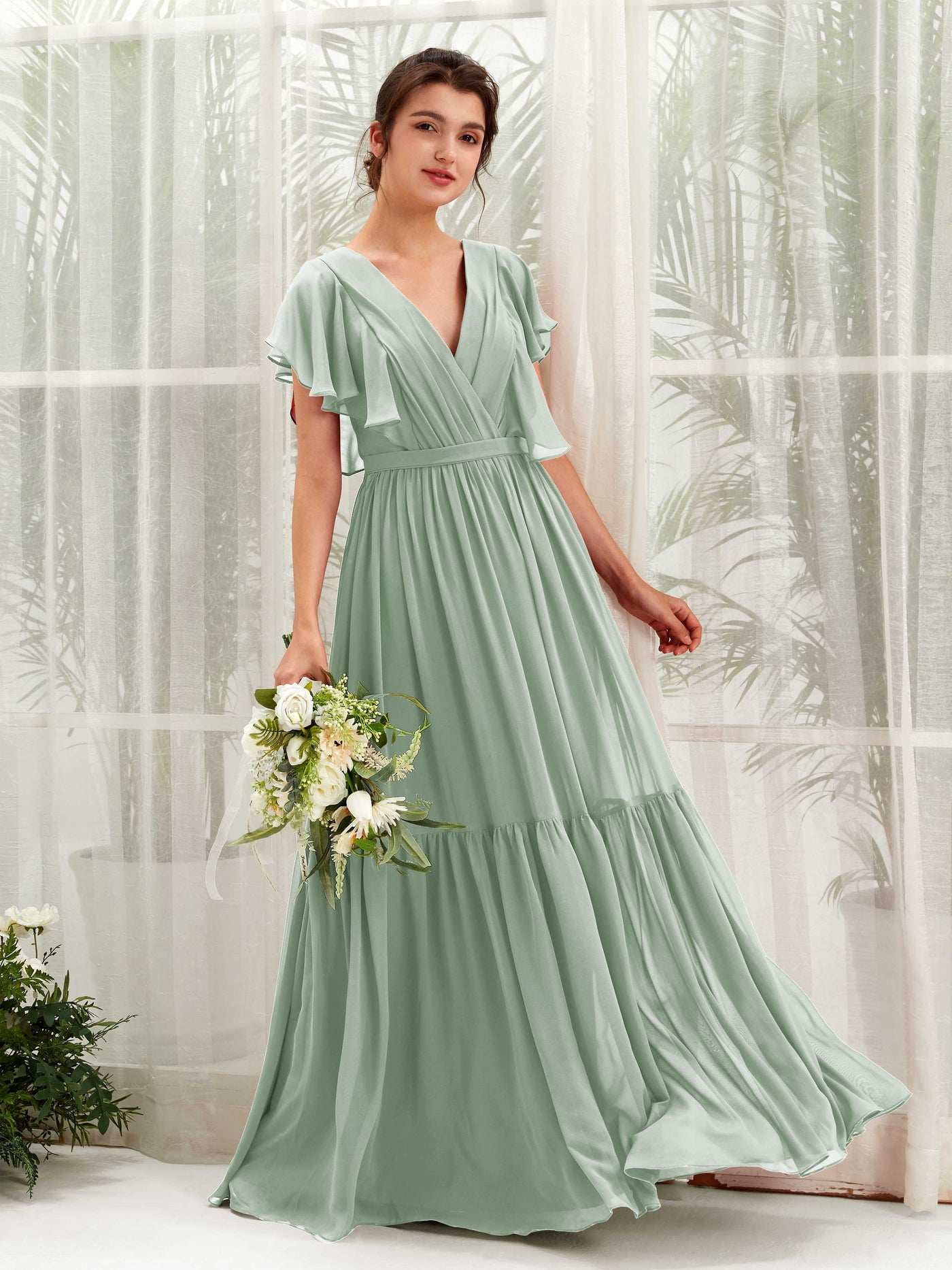 V-neck Cap Sleeves Chiffon Bridesmaid Dress - Sage Green (81225905)#color_sage-green