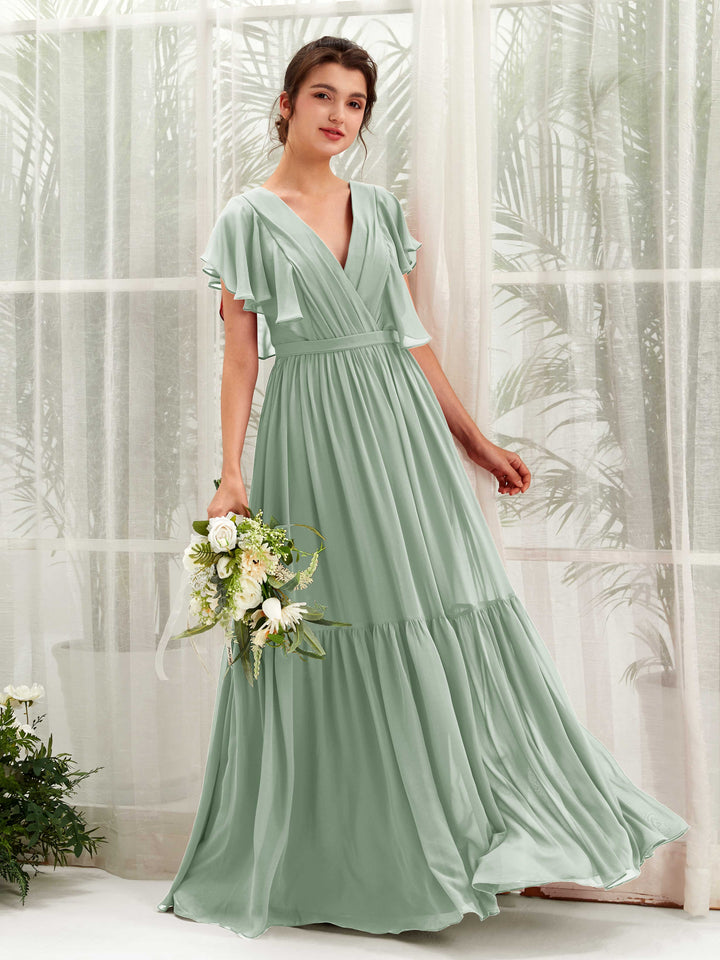 V-neck Cap Sleeves Chiffon Bridesmaid Dress - Sage Green (81225905)