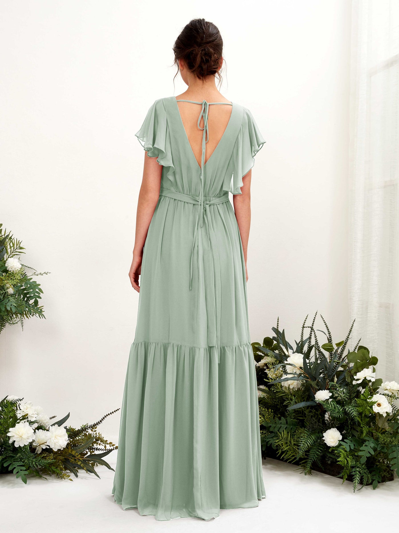 V-neck Cap Sleeves Chiffon Bridesmaid Dress - Sage Green (81225905)#color_sage-green