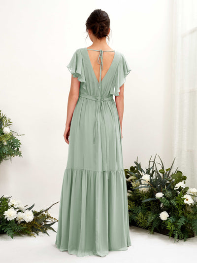 Carlyna Chaya A-Line Sage Green Bridesmaid Dress Maxi Cap Sleeve V-Neck Dress Back View #color_sage-green