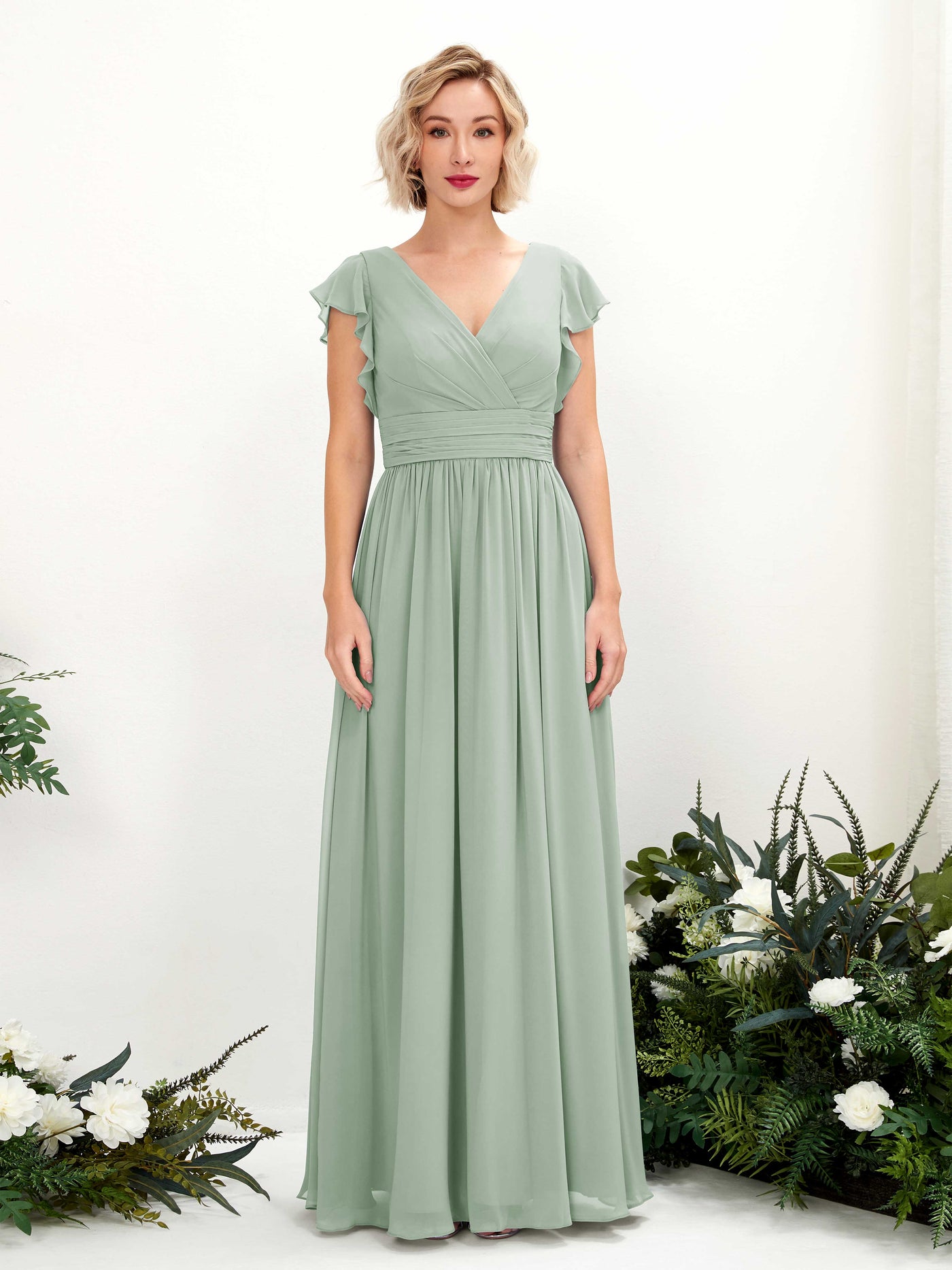 V-neck Short Sleeves Chiffon Bridesmaid Dress - Sage Green (81222705)#color_sage-green