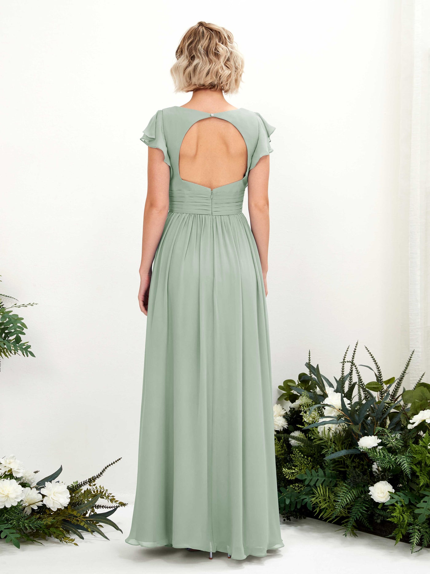 V-neck Short Sleeves Chiffon Bridesmaid Dress - Sage Green (81222705)#color_sage-green