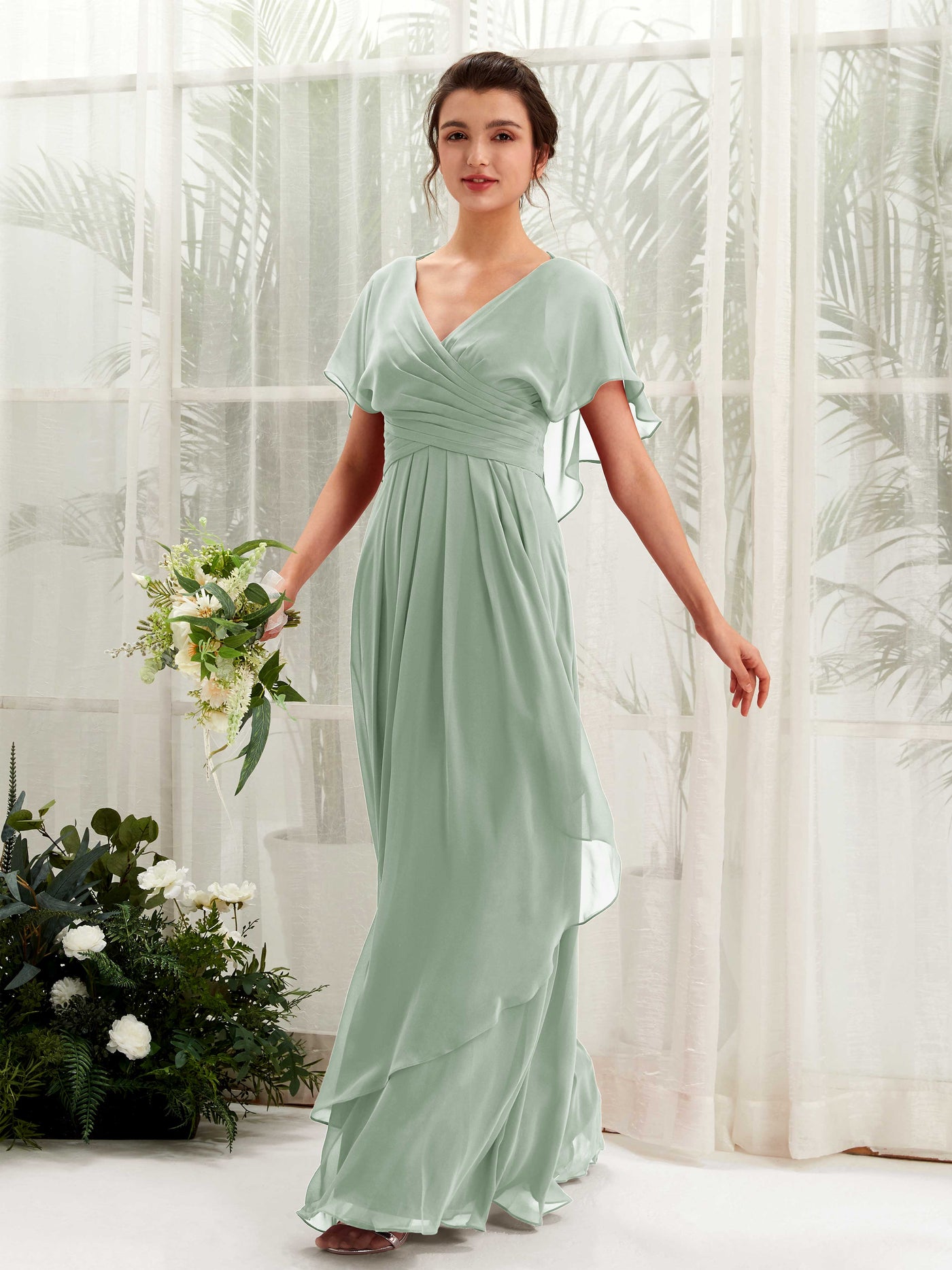V-neck Short Sleeves Chiffon Bridesmaid Dress - Sage Green (81226105)#color_sage-green