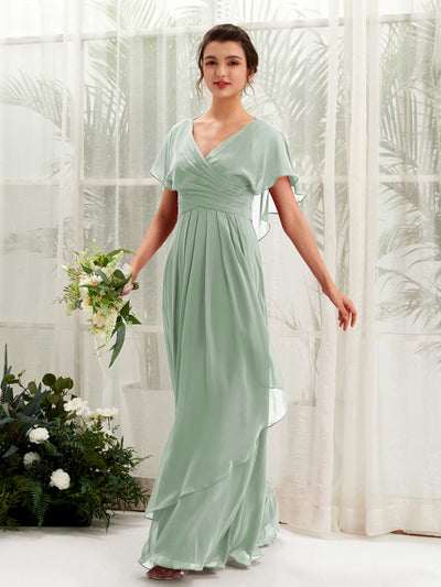Carlyna Darlene A-Line Sage Green Bridesmaid Dress Maxi Short Sleeve V-Neck Dress Front View #color_sage-green