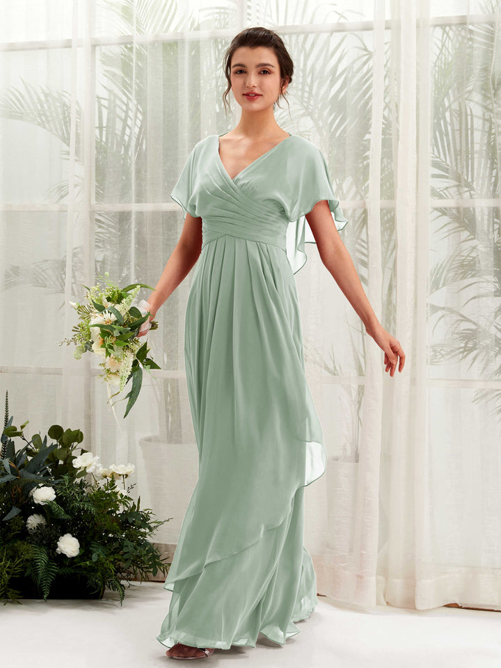 V-neck Short Sleeves Chiffon Bridesmaid Dress - Sage Green (81226105)