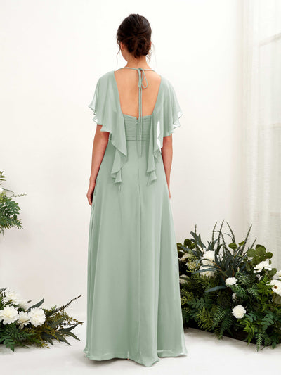 Carlyna Darlene A-Line Sage Green Bridesmaid Dress Maxi Short Sleeve V-Neck Dress Back View #color_sage-green